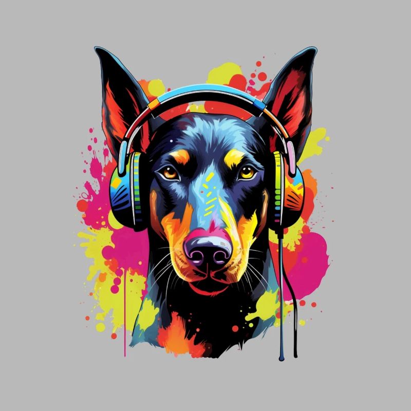 Bunter Dobermann mit Kopfhörer
