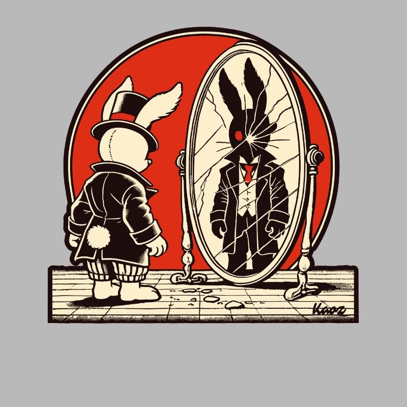 Lapin noir devant un miroir brisé