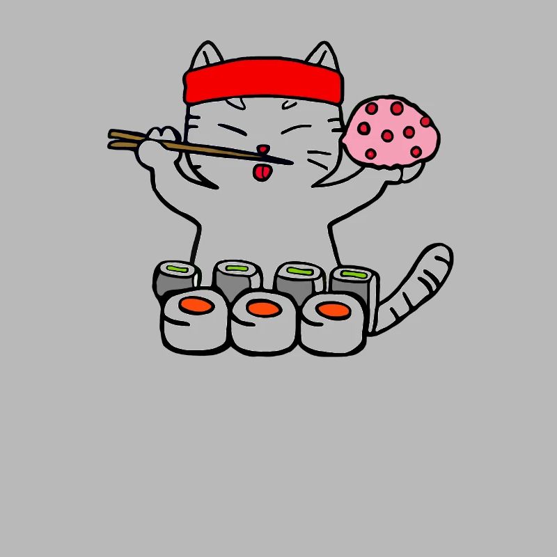 Cat eats sushi with chopsticks