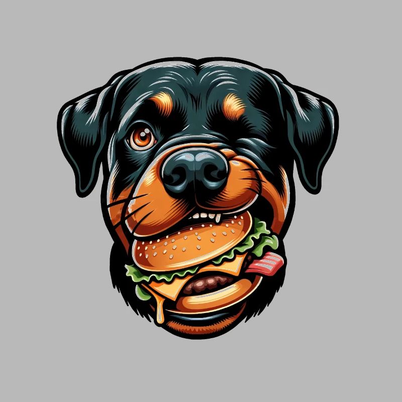 Rottweiler mit Hamburger Cheeseburger