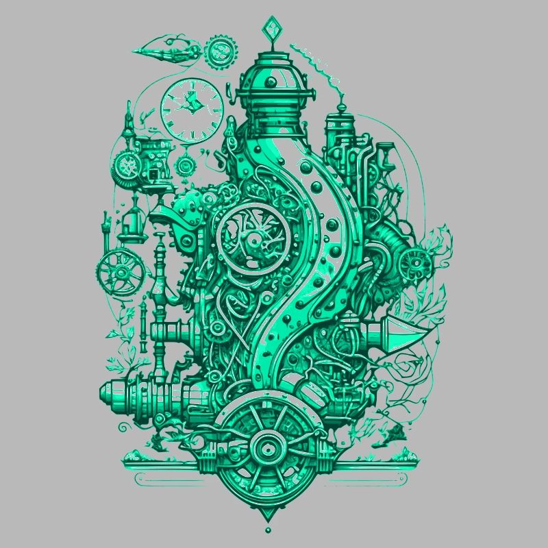 Steampunk steam engine with clockwork and technology