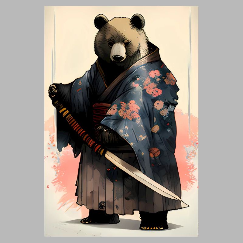 Ours en kimono avec épée de samouraï dans le style ukiyo