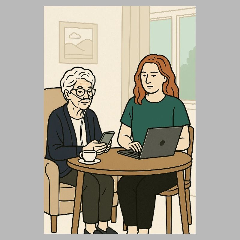 Generationen am Tisch mit Technik
