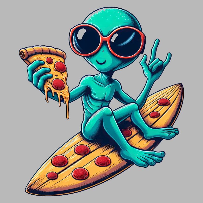 Alien alien surfeur surfant pizza