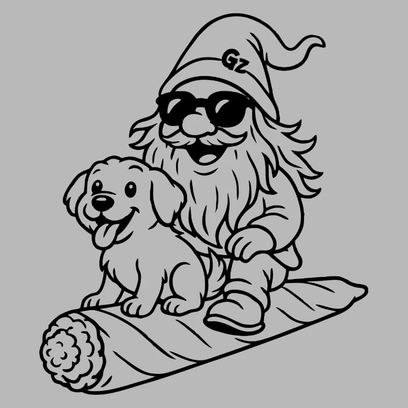 Cooler Zwerg auf fliegendem Joint mit Hund