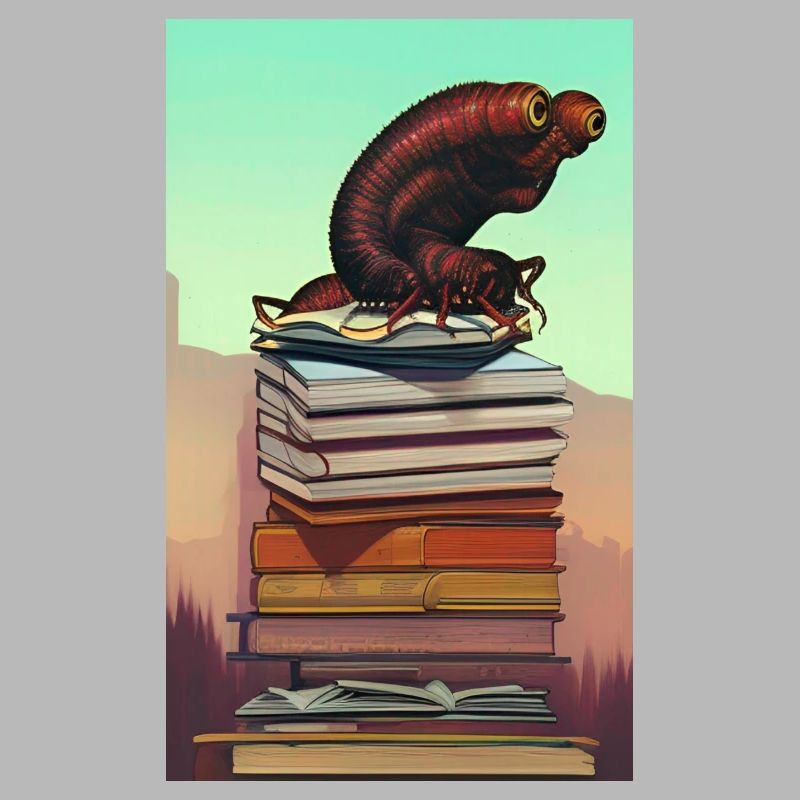 Comic Cartoon Creepy Bookworm Book Stack