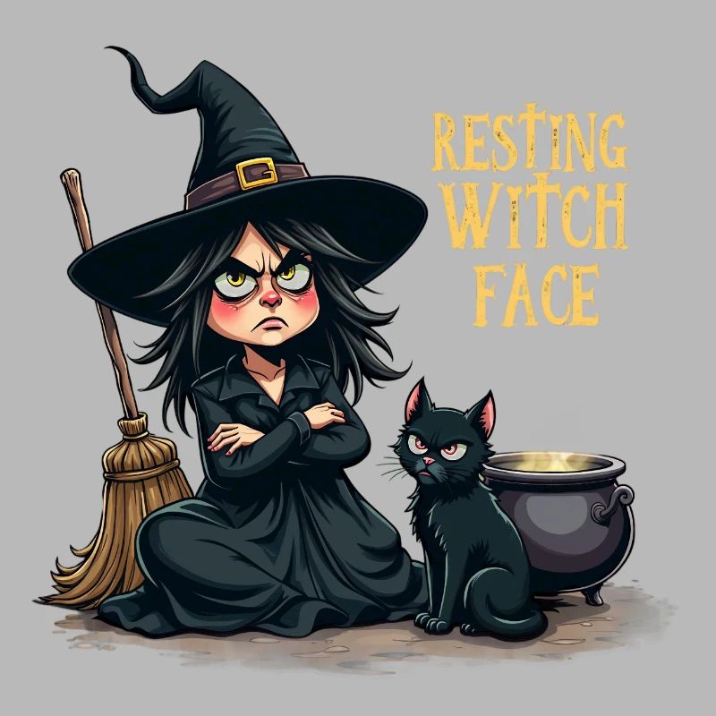Resting Witch Face Cute Witch with Cat and Broom