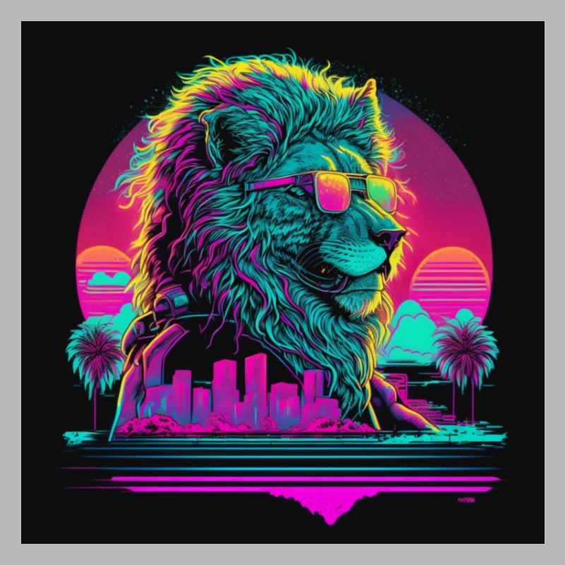 Lion with neon colors, synthwave / 80s