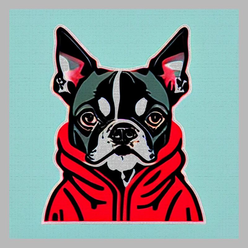 Boston Terrier im roten Kapuzenpullover