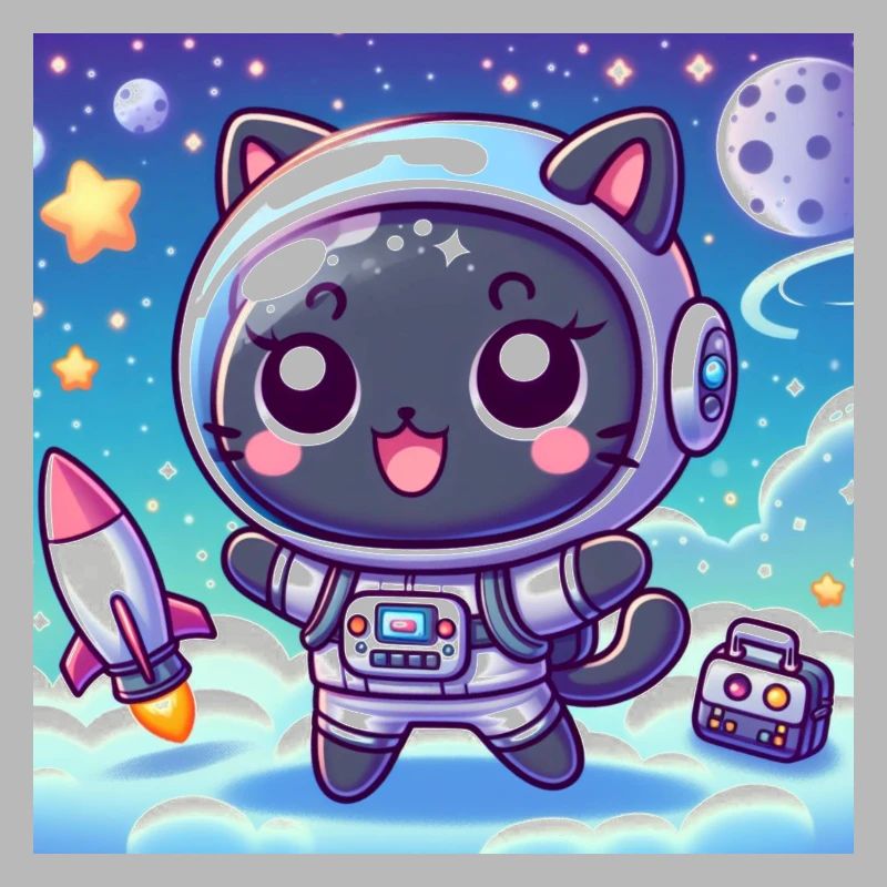 Space Kitty dans l’espace avec fusée et sac
