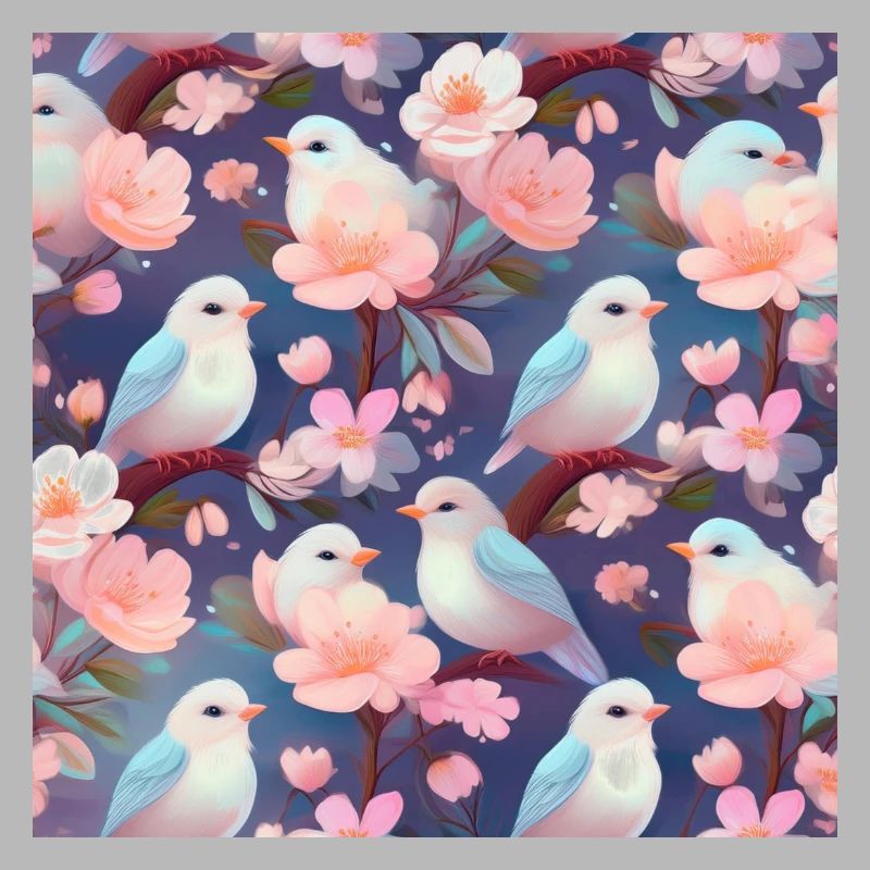 Birds in the Cherry Blossom Tree | Seamless pattern