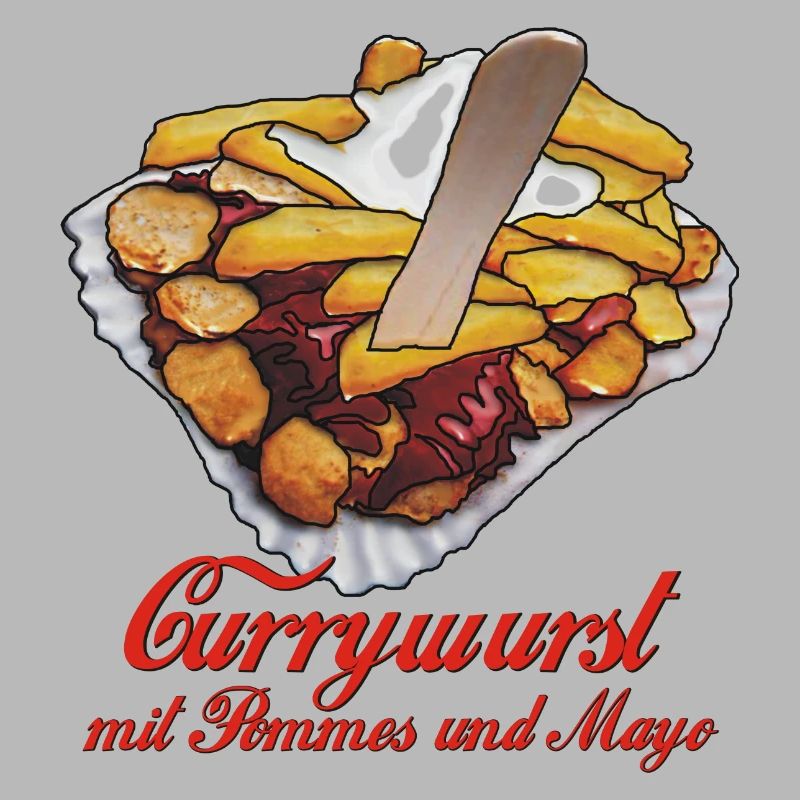 Currywurst mit Pommes, Mayo und Text