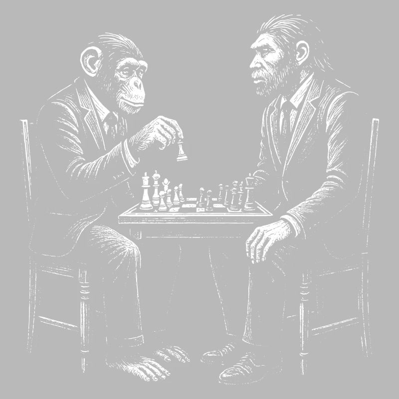 monkey plays chess with homo erectus. Funny design