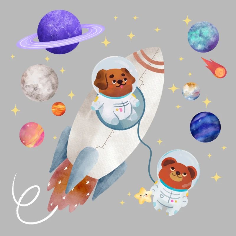 Un chien et un ours en peluche explorent l’espace