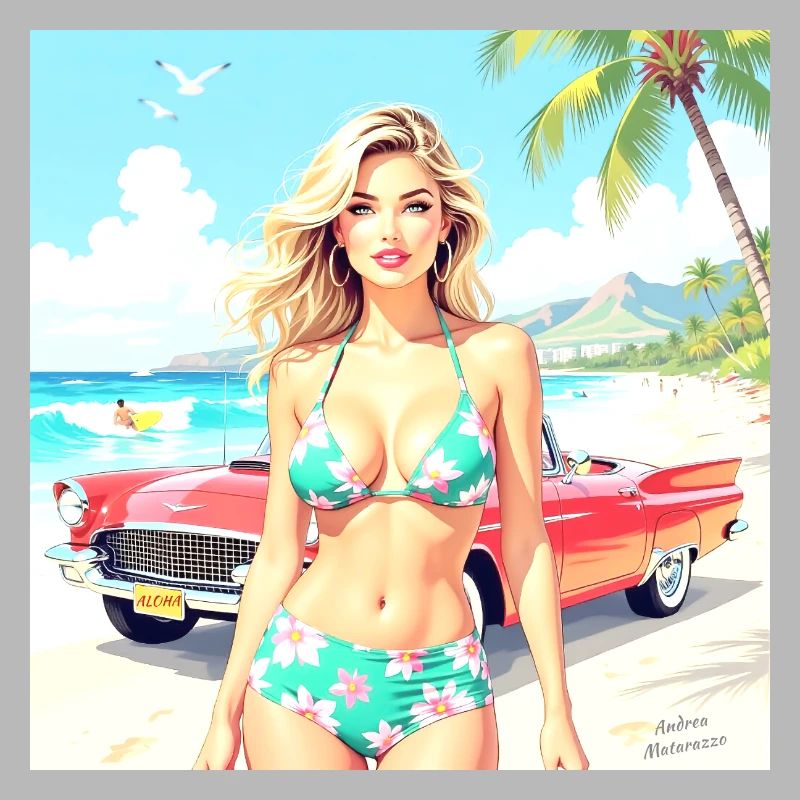 Frau am Strand mit Oldtimer
