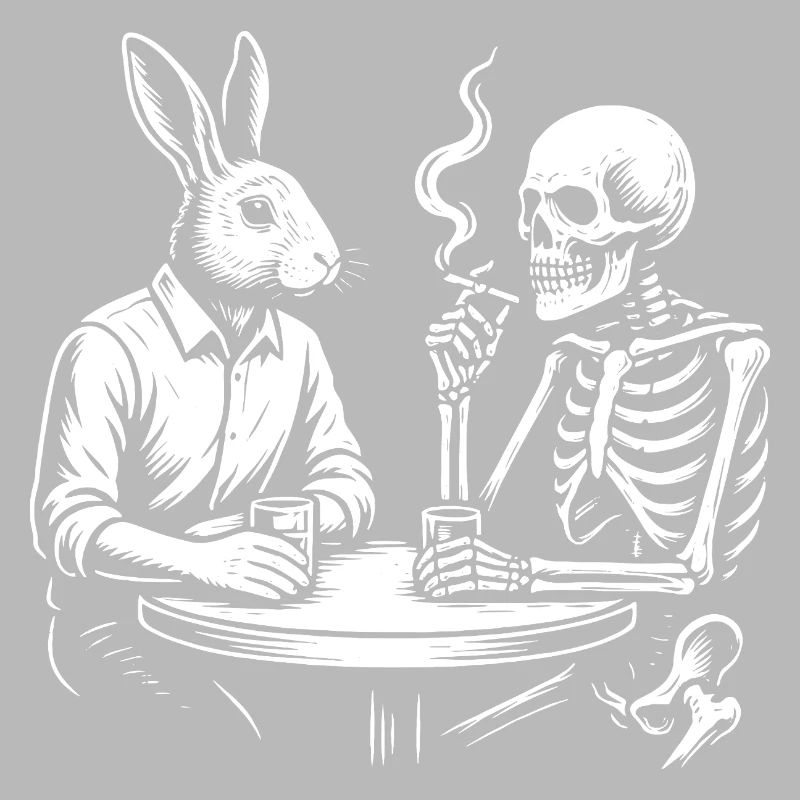 Rabbit and Skeleton drinking beer at the Table
