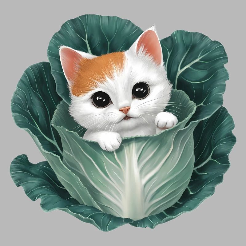 Kitten Peeking from Cabbage Leaf