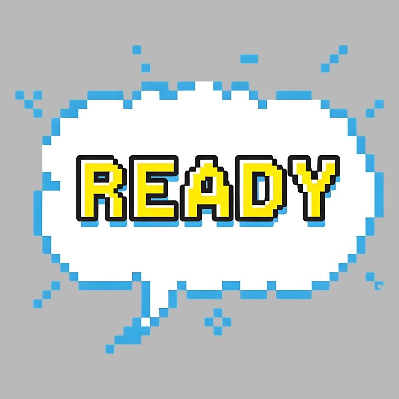 READY lettering in pixel comic look