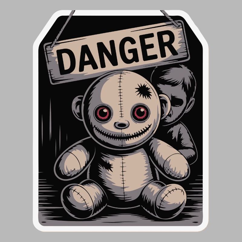 Poupée étrange avec un panneau de danger