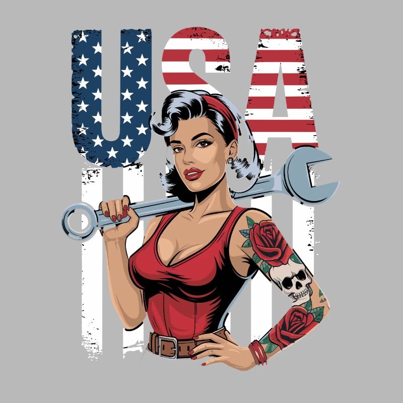 Femme forte avec une clé à molette devant le drapeau des États-Unis