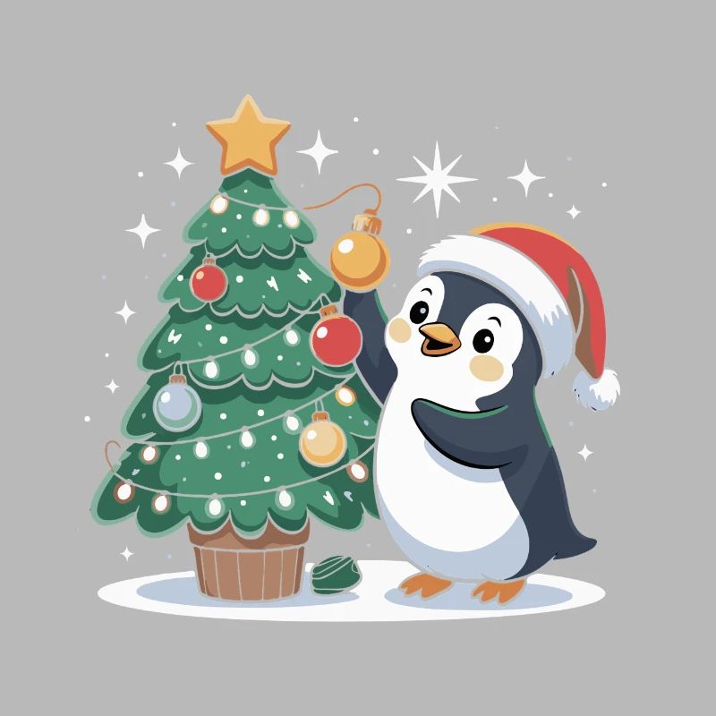 Penguin decorates Christmas tree