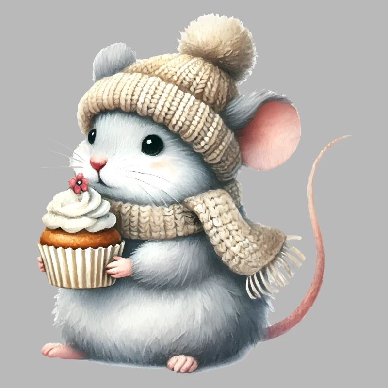 Cute mouse with a knitted hat and cupcake