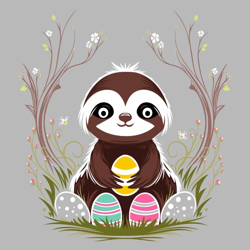 Easter Sloth with Easter Eggs in Spring