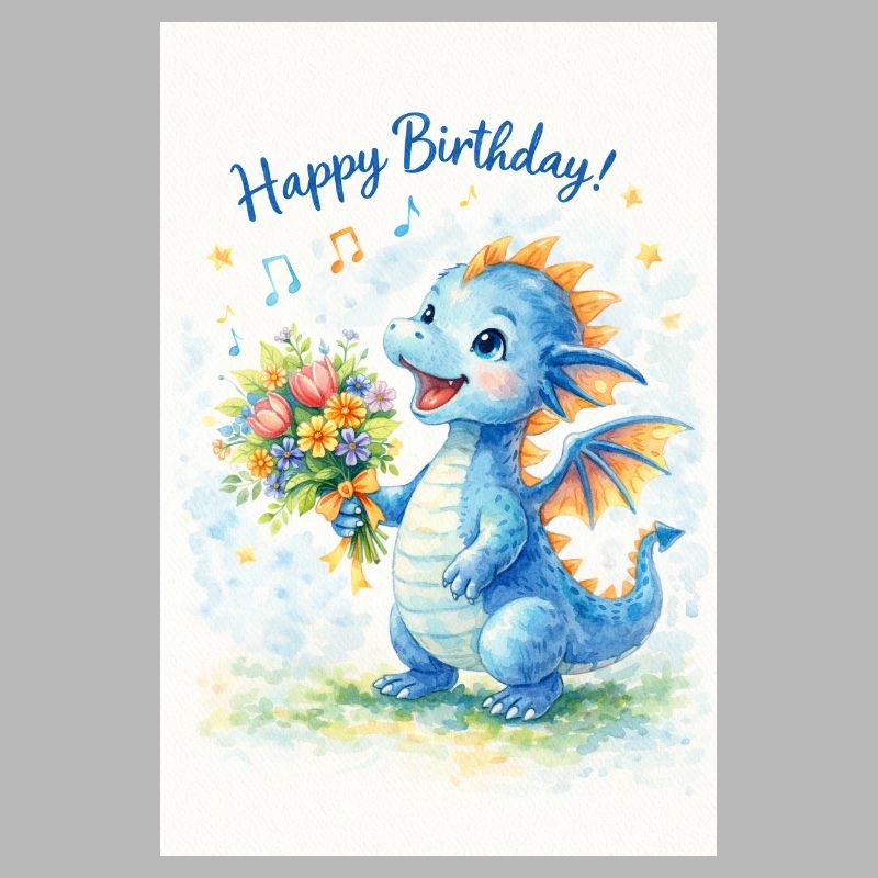 Dragon bleu avec bouquet de fleurs