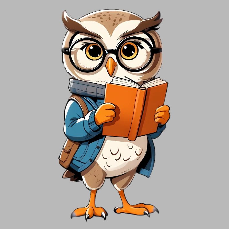Lernende Eule mit Brille liest Buch
