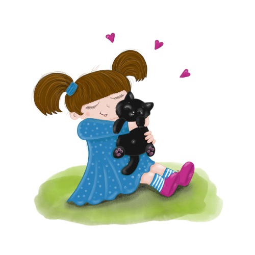 Katzenliebe - Mädchen knuddelt ihre schwarze Katze - Sticker