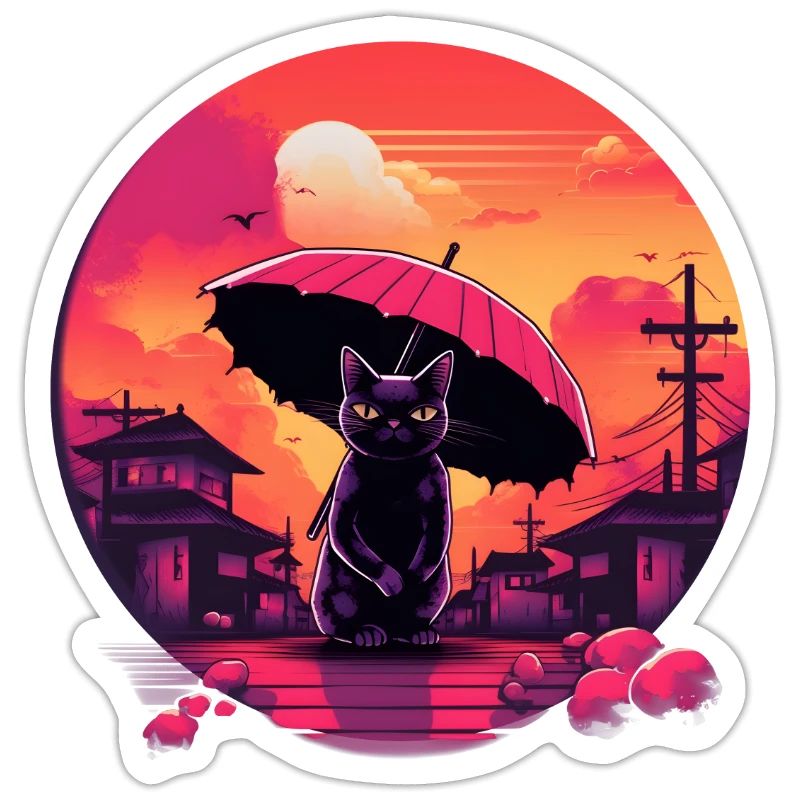 Synthwave japan Chat avec parapluie