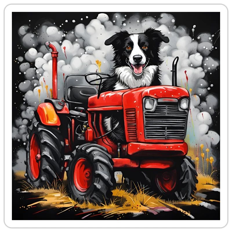 Border Collie Schäferhund auf einem Oldtimer-Traktor