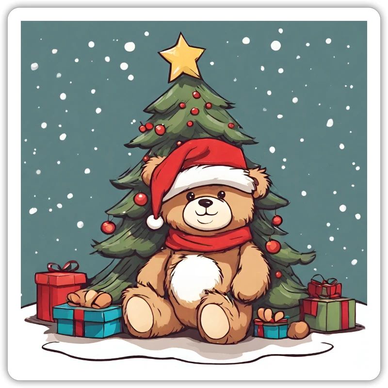 Teddy bear under a decorated Christmas tree