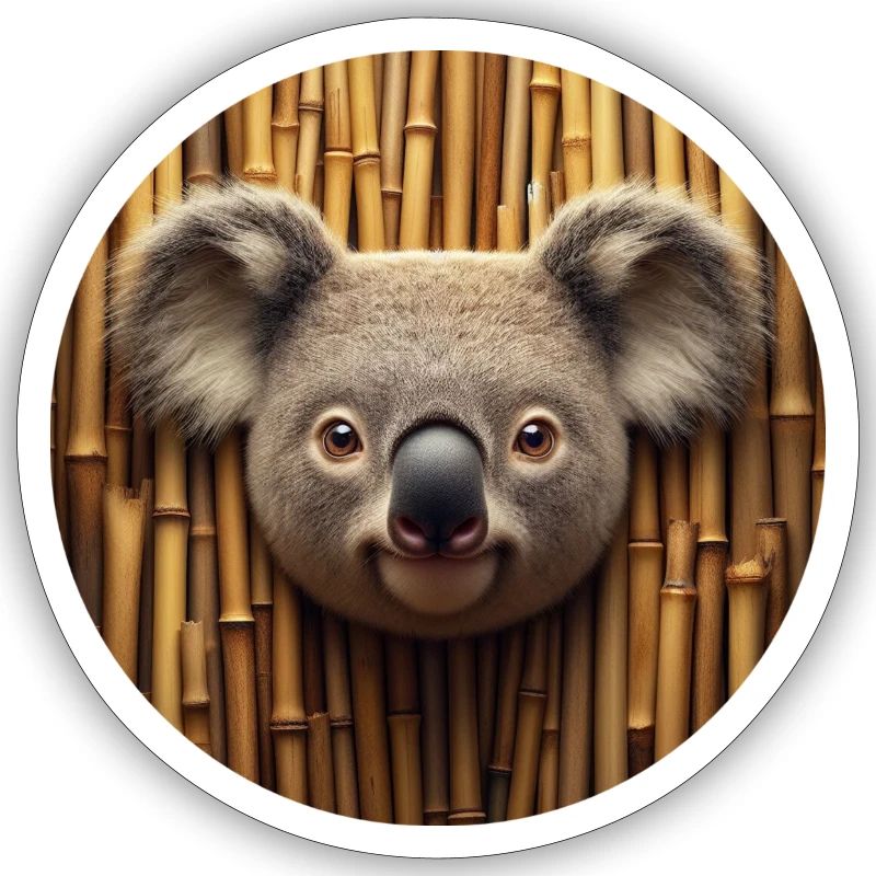 Tête de koala devant un mur de bambou