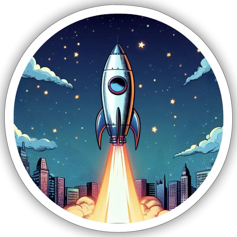 Lancement d’une fusée dans l’espace devant le ciel nocturne dans un style comique