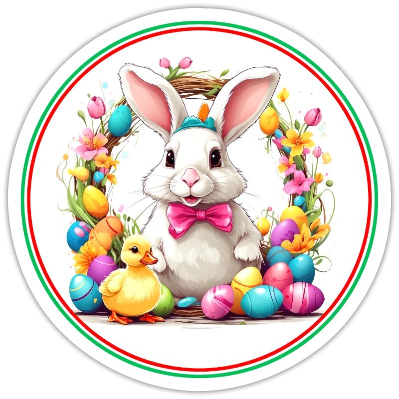 Cute easter bunny in easter basket with little chick