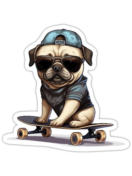 Skateboarding Mops für Skaters - Sticker Größe S (10 x 10 cm) - Mattweiß - Vorne