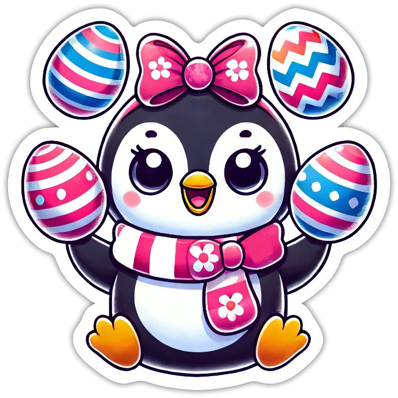 Easter penguin juggles colorful Easter eggs