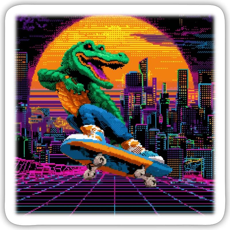 Skating Pixel Crocodile in Retro 80s Synthwave