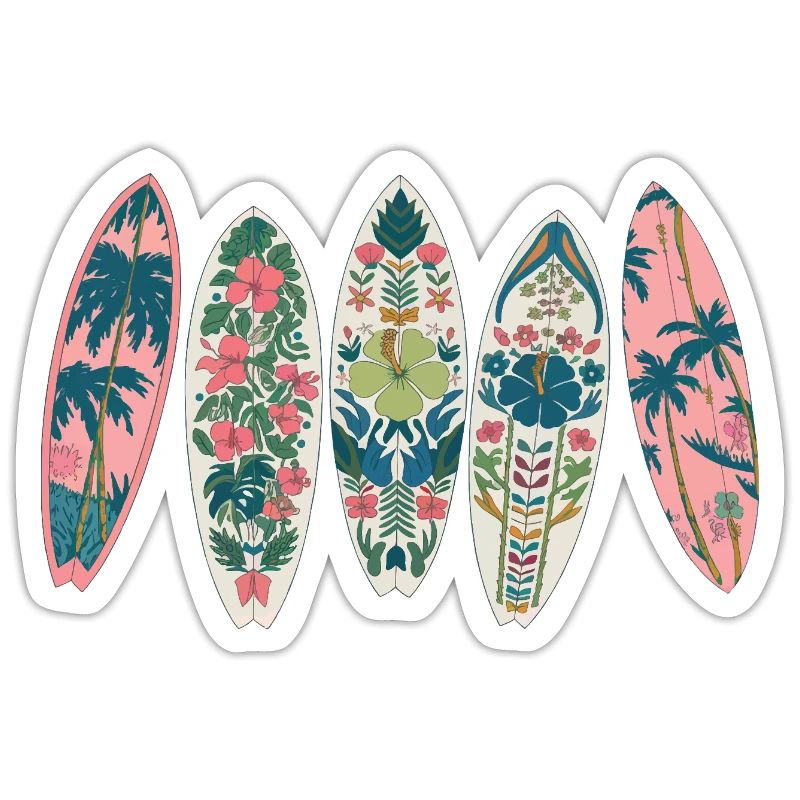 Surfboards Tropical Pattern Flowers Palm Trees