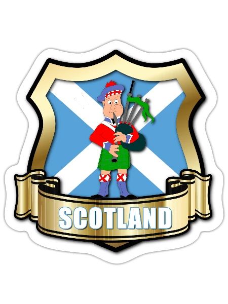 Drapeau de l'Écosse avec bouclier d'or et piper - Sticker taille S (10 x 10 cm) - blanc mat - Devant