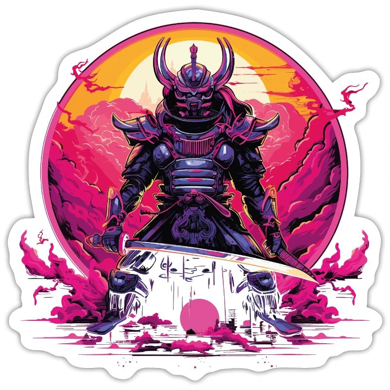 Samouraï robotique avec épée et armure synthwave