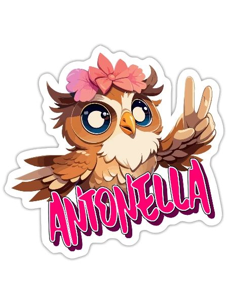 ANTONELLA - Beau nom de fille avec un hibou mignon - Sticker taille S (10 x 10 cm) - blanc mat - Devant