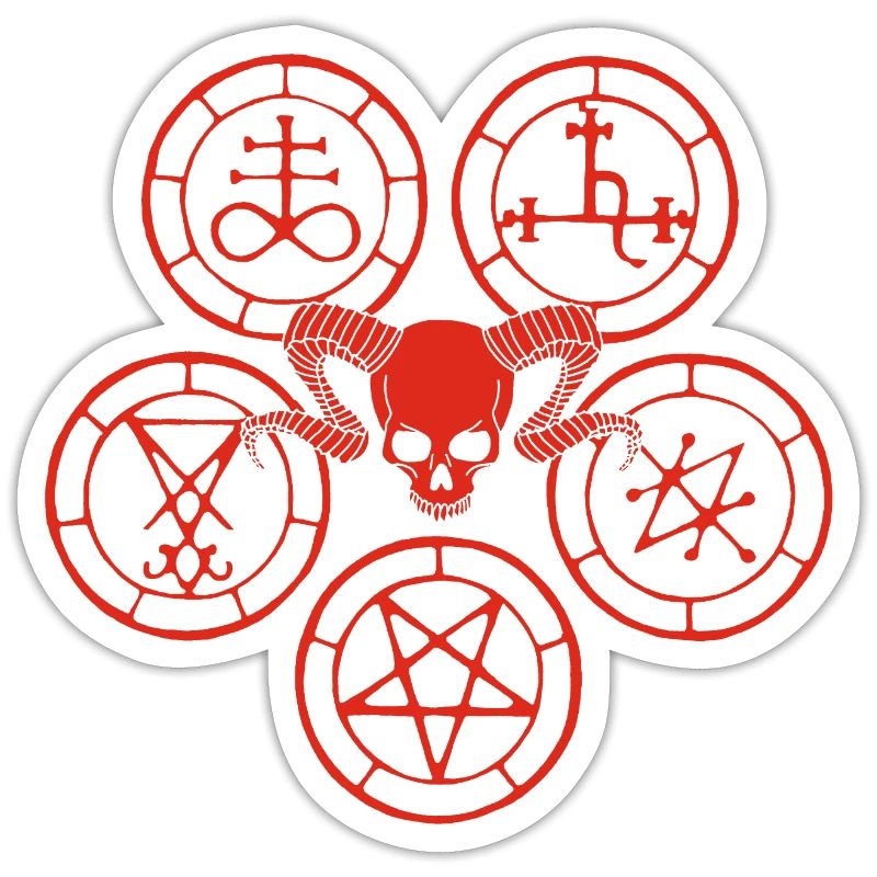 Teschio di demone rosso e simboli esoterici