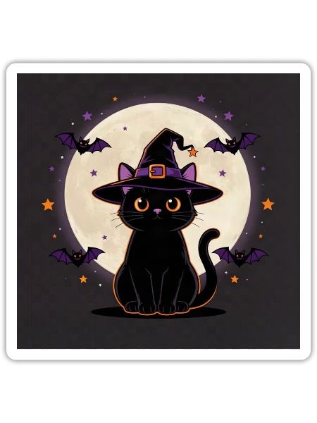 Halloween Hexenkatze – Witchy Cat & Vollmond - Sticker Größe S (10 x 10 cm) - Mattweiß - Vorne