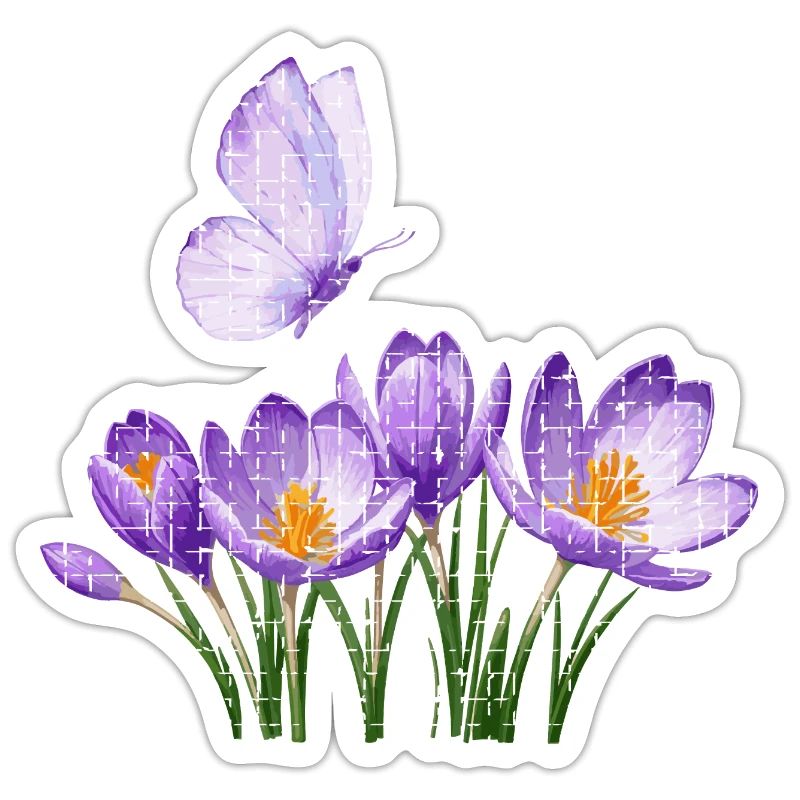 Crocus violets et papillon : conception en treillis