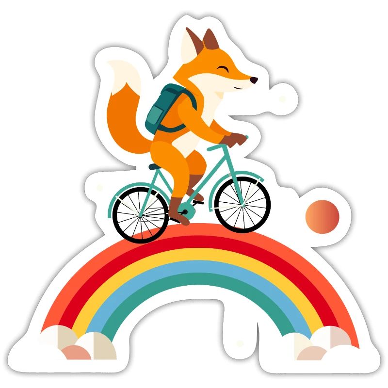 Cheerful fox on bicycle over rainbow
