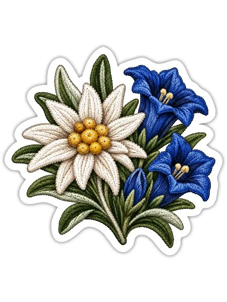 Edelweiß und Enzian im Stickerei-Look - Sticker Größe S (10 x 10 cm) - Mattweiß - Vorne
