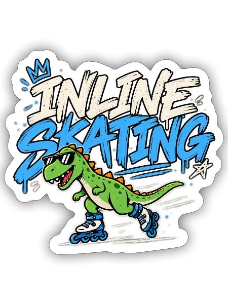 Inline Skating Dino auf Inlinern - Sticker Größe S (10 x 10 cm) - Mattweiß - Vorne