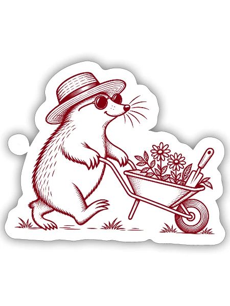 Garten Maulwurf mit Schubkarre – Vintage Line Art - Sticker Größe S (10 x 10 cm) - Mattweiß - Vorne